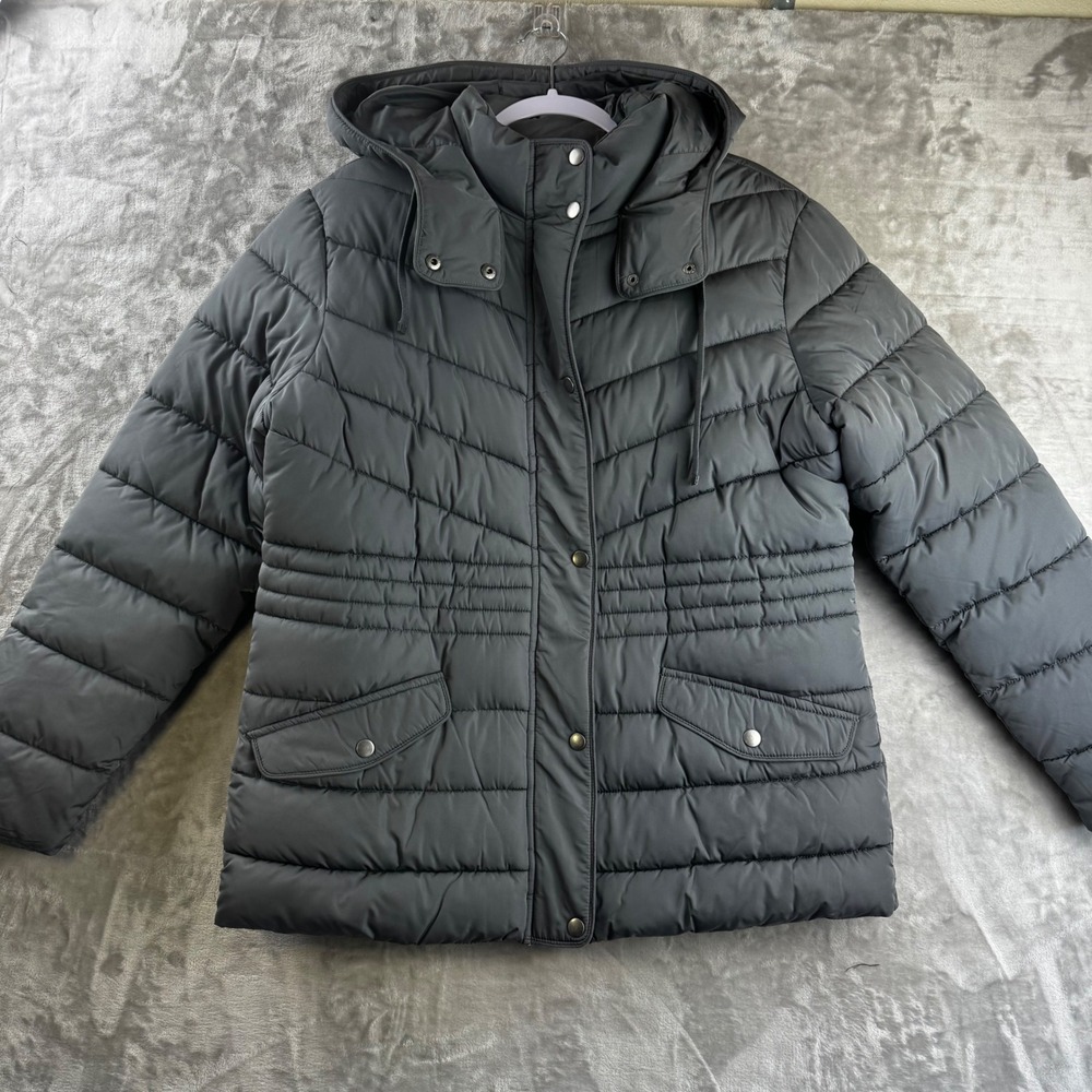Maurices Puffer Jacket Women Large Gray Hooded Quilted Full Zip Snap (K)